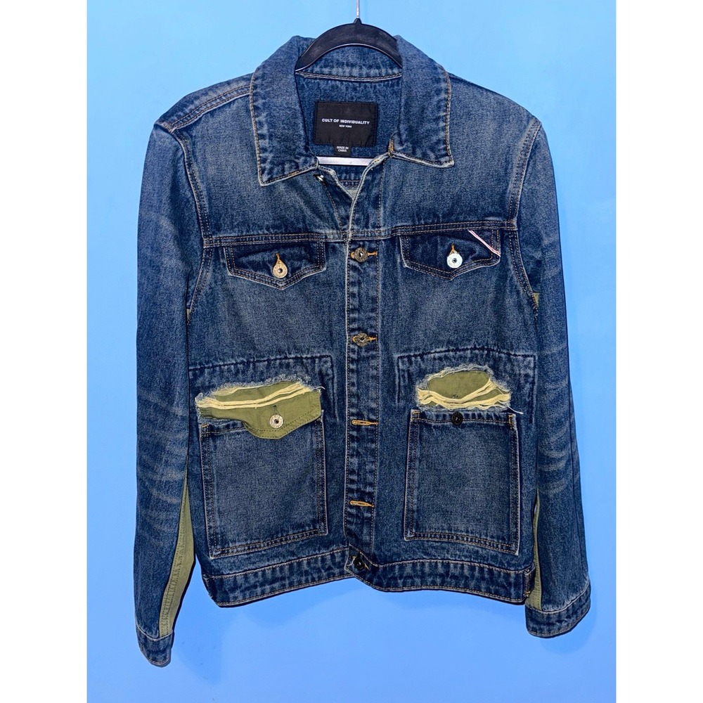 Cult of Individuality Mens Blue/Green Distressed Jean Jacket Button Front S